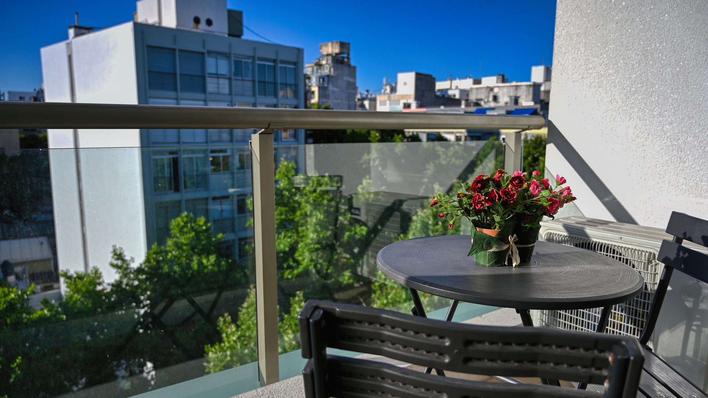 Balcón de Vizenz con flores y vista a Pocitos